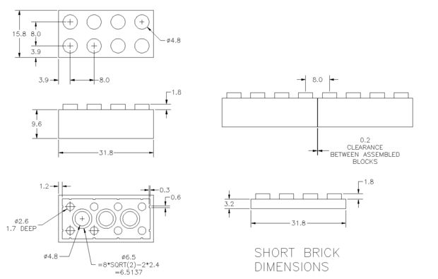 dimensions of a lego brick 2x4